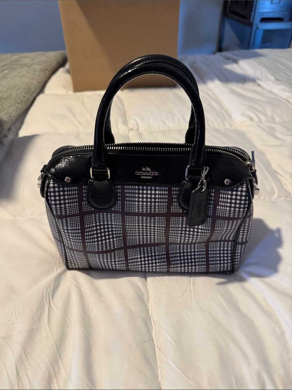 Coach Black Plaid Patent-Trim Satchel
